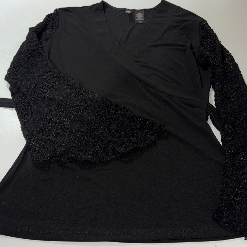 Bisou Bisou Dark Whimsical Black Wrap Top with Flowing Laceβ Sleeves